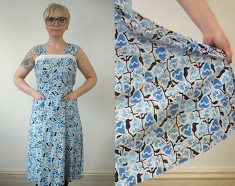 1950s Dress // DEADSTOCK Cotton Day Dress // Abstract Blue Floral Novelty Print // Plus Size // Full Skirt With Pockets // Large XL