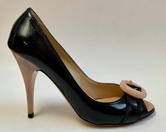 Vintage 1990s Black Patent Leather Pumps by Escada // Designer Vintage Heels With Original Box // Made in Italy