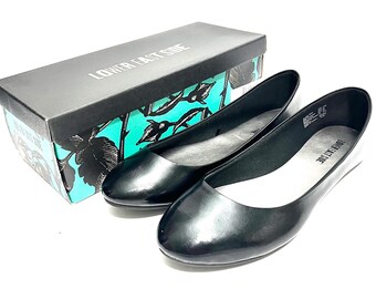 Vintage Y2K Deadstock Slip Ons // Black Vegan Patent Leather Short Vamp Ballet Flats by Lower East Side Size 12