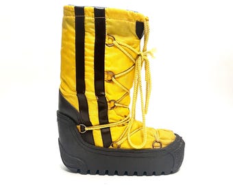 Stivali da neve con plateau vintage anni '80 // Stivali invernali in nylon giallo, a metà polpaccio, taglia 5,5