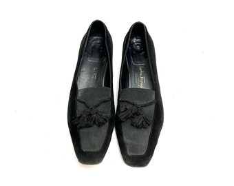 Vintage 1990s Tassel Loafers // Black Suede Elastic Vamp Slip On Heels by Salvatore Ferragamo Size 8.5