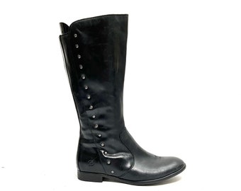 Vintage Y2K Womens Silver Rivet Biker Boots // Black Leather Zip Up Mid Calf Moto Boots by Born Size 6