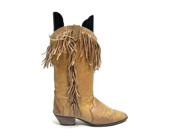 Vintage 1970s Womens Western Fringe Boots // Tan Leather Mid Calf Cowboy Boots by Dingo Size 6