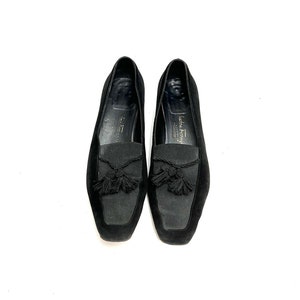 Vintage 1990s Tassel Loafers // Black Suede Elastic Vamp Slip On Heels by Salvatore Ferragamo Size 8.5
