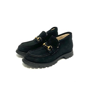 Mens Black Suede Shearling Lined Harald Horsebit Platform Slip On Loafers by Gucci Size 8.5