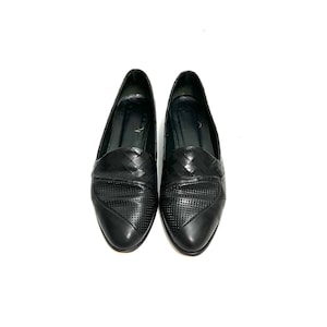 Vintage 1990s Casual Womens Loafers // Black Embossed Leather Slip On Flats by Joan + David Size 8