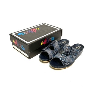 Vintage 1990s Deadstock Sandals // Blue Leather Snakeskin Slip On Strappy Buckle Wedges by La Plume Size 9 // European Vintage