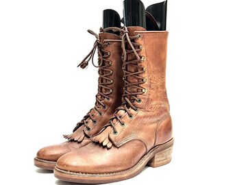 Vintage 1980s Mens Kiltie Fringe Boots // Brown Leather Lace Up Mid Calf Roper Boots Size 10