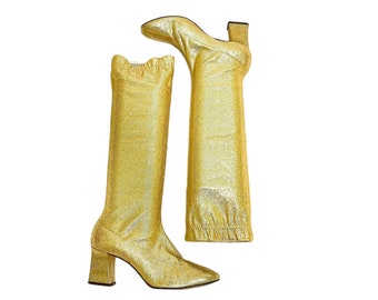 Vintage 1960s Gold Lamé Gogo Boots // Stretch Fabric Knee High