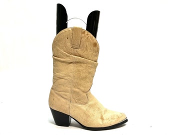 vintage 1980s Womens Slouch Boots // Tan Leather Mid Calf Western Cowboy Boots by Dingo Size 9