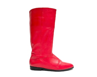 Vintage 1980s Fashion Boots // Lipstick Red Leather Pull On Mid Calf Boots by Nine West Size 8.5