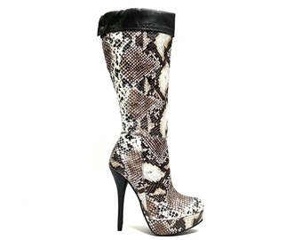 Vintage Y2K Deadstock Platform Stiletto Boots // Tan Faux Snakeskin Fold Over Knee High Heeled Boots by Charlotte Russe Size 7