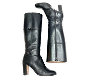 Vintage 1970s Italian Leather Boots // Black Knee High Zip Up Heeled Fashion Boots by Julianelli Size 8.5