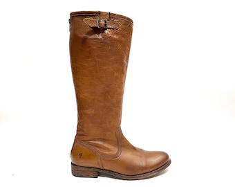 Vintage Y2K Knee High Riding Boots // Honey Brown Leather Back Zip Fashion Boots by Frye Size 7