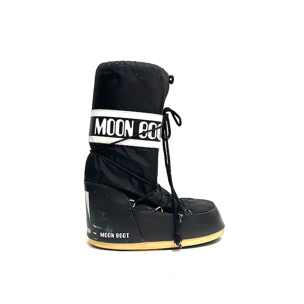 Vintage Y2K Unisex Flatform Moon Boots // Black Nylon Mid Calf Lace Up Winter Snow Boots Size 10.5