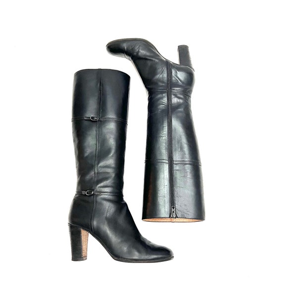 Vintage 1970s Italian Leather Boots // Black Knee High Zip Up Heeled Fashion Boots by Julianelli Size 8.5