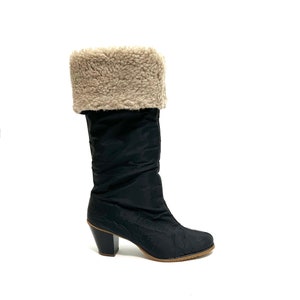 Vintage 1970s Deadstock Winter Boots // Black Nylon Knee High Fold Over Fleece Lined Heeled Snow Boots by Golo Size 10