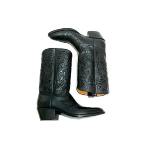 Vintage 1990s Mens Rocketbuster Cowboy Boots // Custom Handmade Bespoke Black Leather Floral Mid Calf Boots Size 9