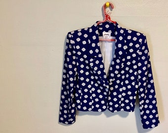 Vintage 1980s Blazer // Novelty Print 80s Button Front Jacket // Cropped Blazer Memphis Style Navy Blue Medium