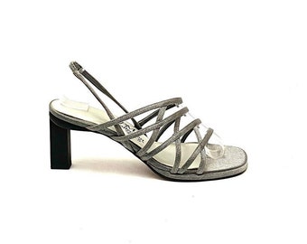 Vintage 1990s Strappy Heels // Silver Lurex Formalwear Open Toe Pumps by PM Collection Size 7.5