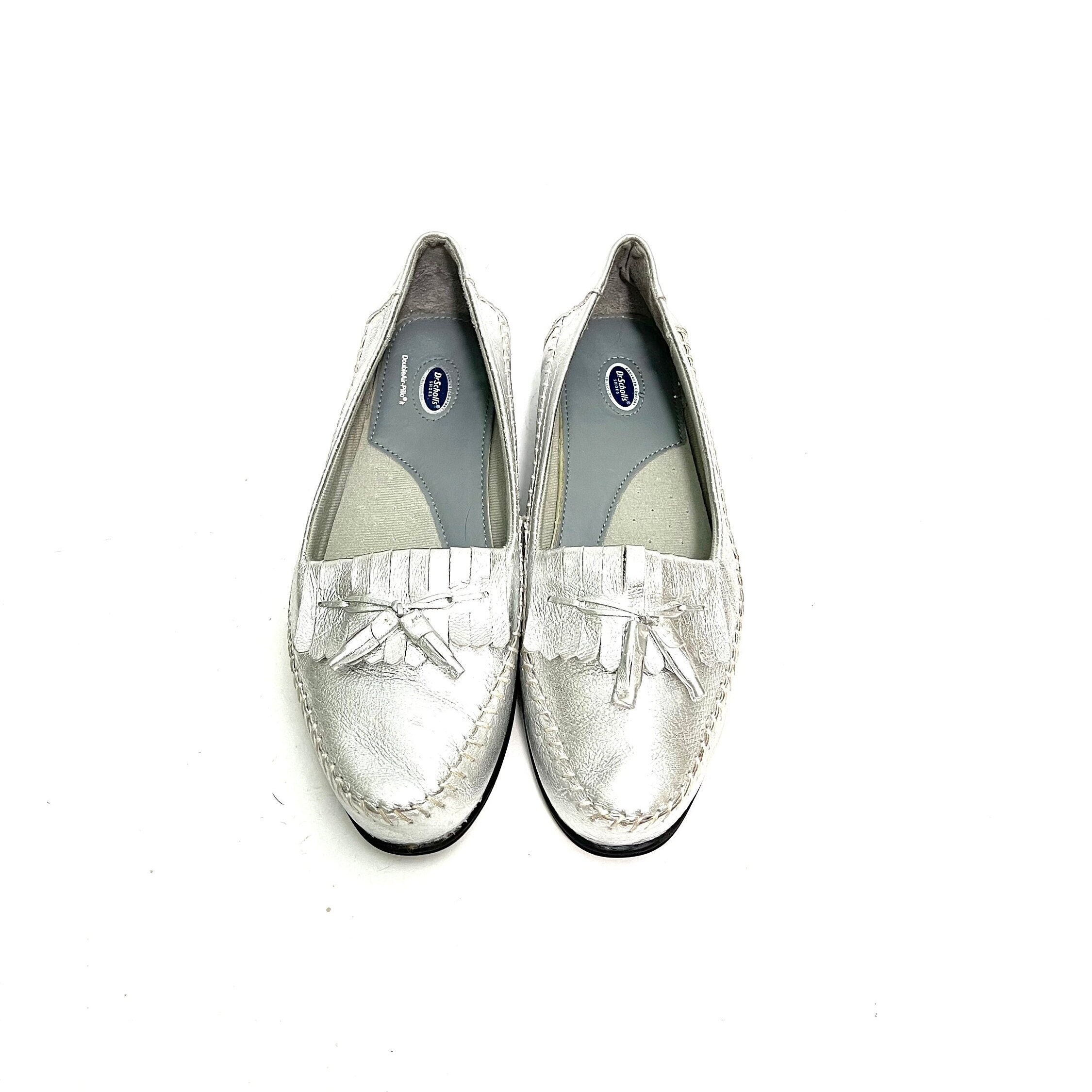 Vintage 1980s Kiltie Fringe Moccasins Metallic Silver Leather Slip on Womens Loafers by Dr. Scholl s Size 10 Etsy Canada