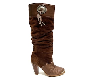 Vintage 1980s Knee High Slouch Boots // Brown Suede Western Style Heeled Boots by Zodiac Size 6.5