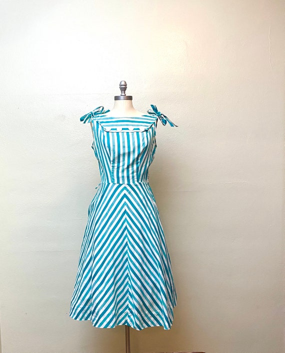 Vintage 1950s Cotton Stripe Dress // Teal and Tur… - image 2