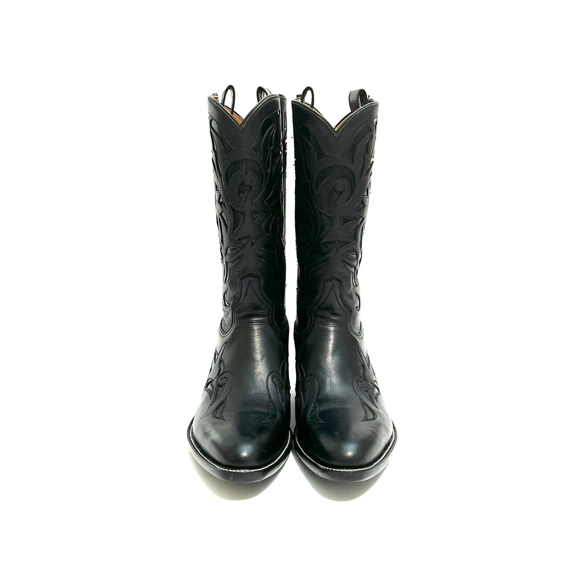 Vintage 1990s Mens Rocketbuster Cowboy Boots // Custom Handmade Bespoke Black Leather Floral Mid Calf Boots Size 9, foto 3 di 5