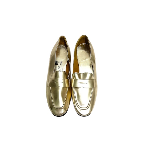 Vintage 1990s Womens Penny Loafers // Metallic Gold Vegan Leather Slip On Flats by Aldens Size 8.5