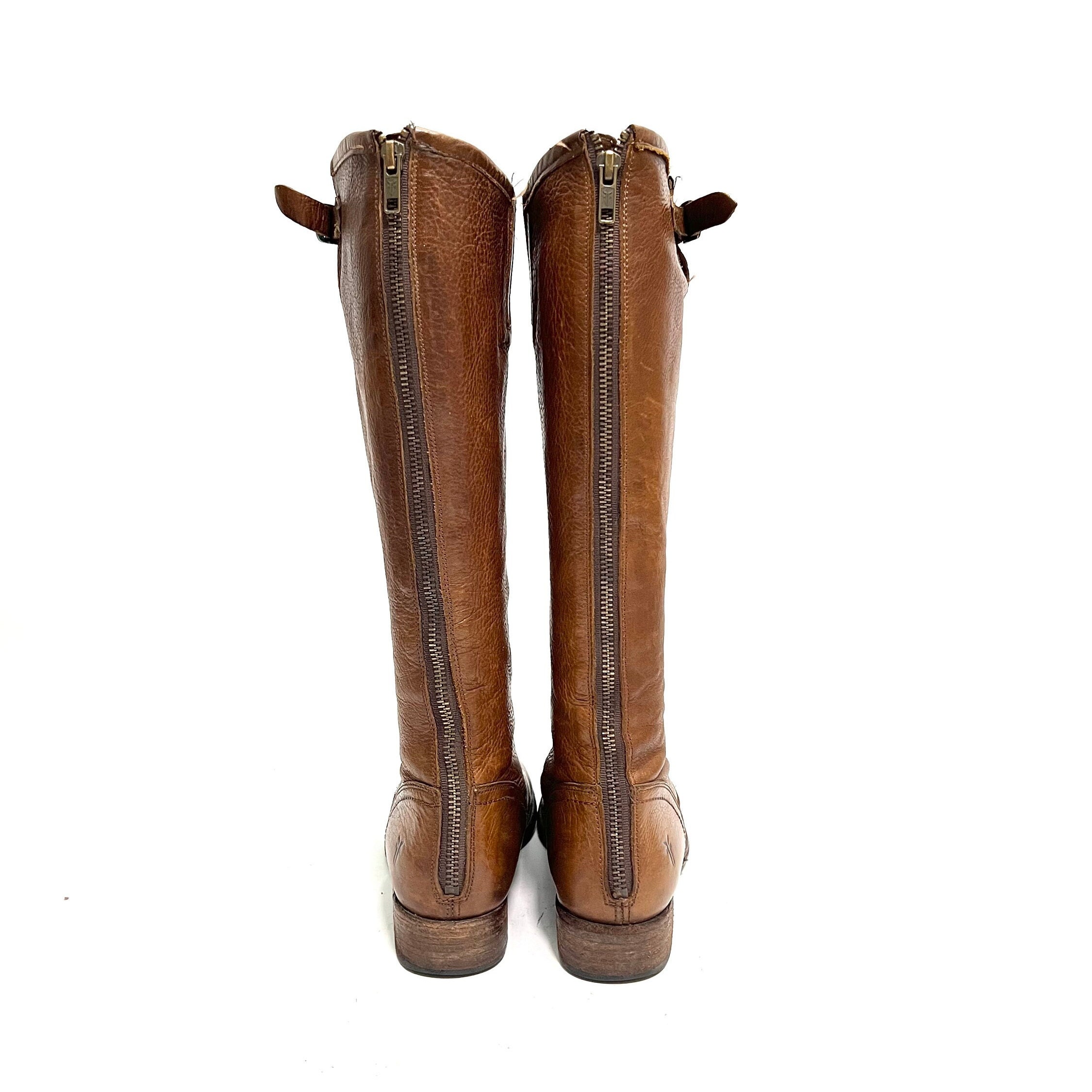 Vintage Y2K Knee High Riding Boots // Honey Brown Leather Back Zip