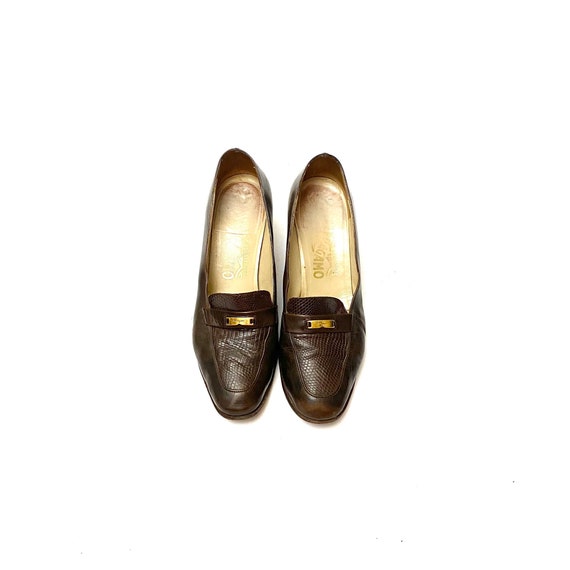 Vintage 1980s Ferragamo Heels // Brown Italian Le… - image 3