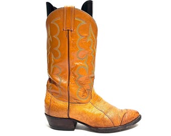 Vintage kowbojskie buty męskie z lat 70. ze skóry strusia Gold Label // Brązowe skórzane, wciągane, sięgające do połowy łydki, buty Tony'ego Lamy, rozmiar 42