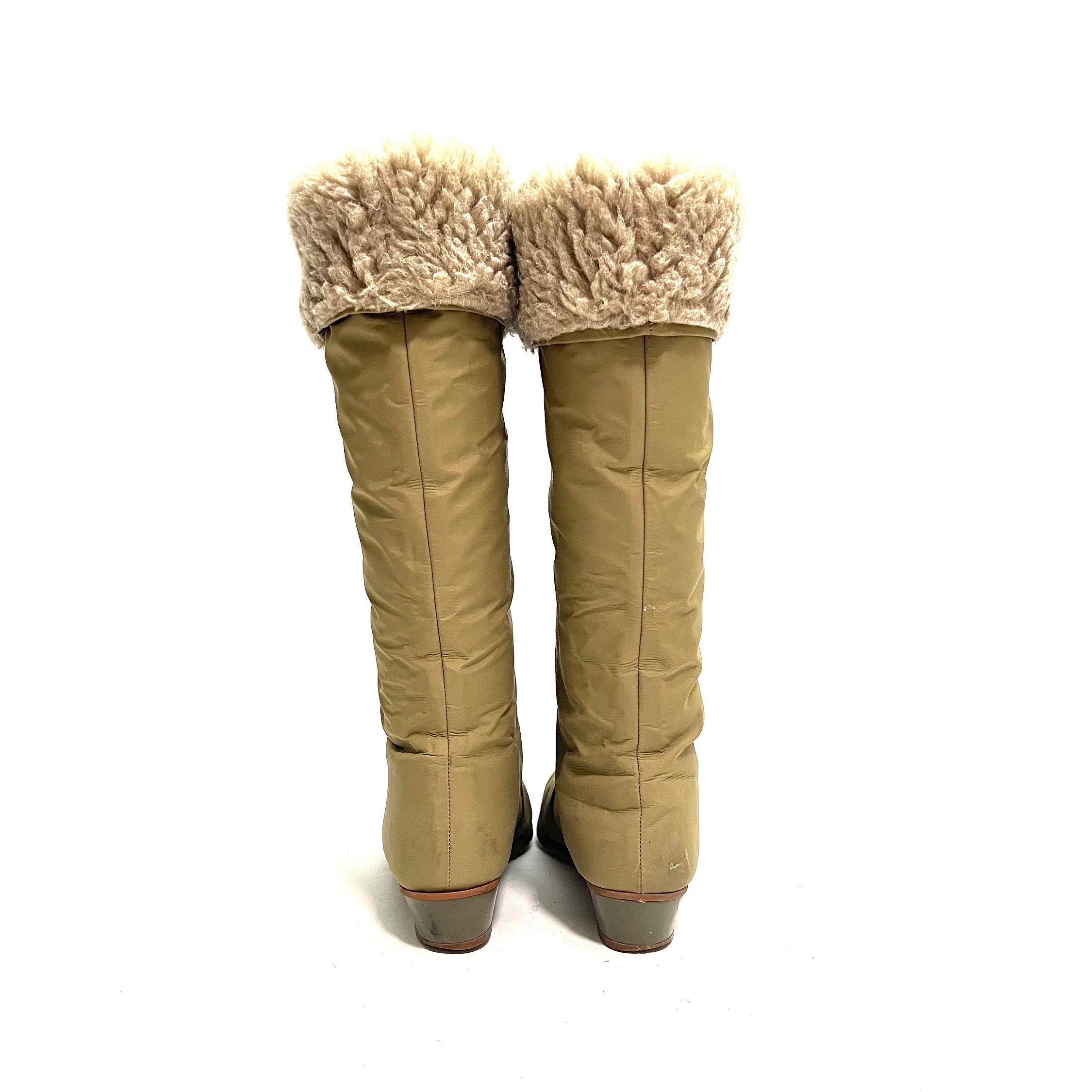 Vintage 1970s Winter Boots Khaki Nylon Fold Over Fleece Lined Knee High Snow Boots by Golo Size 8.5 Etsy