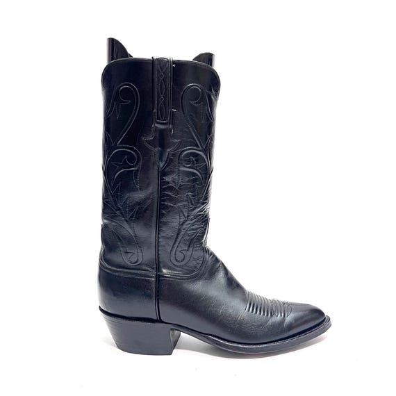 Vintage 1990s Mens Cowboy Boots // Black Leather Mid Calf Pull On Western Boots by Lucchese Size 9