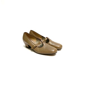 vintage 1970s T Strap Mary Janes // Khaki Leather Loafer Heels by Auditions Taille 9 image 6