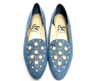 Vintage 1990s Embellished Loafers // Blue Denim Canvas Slip On Casual Flats by J.Renee Size 8