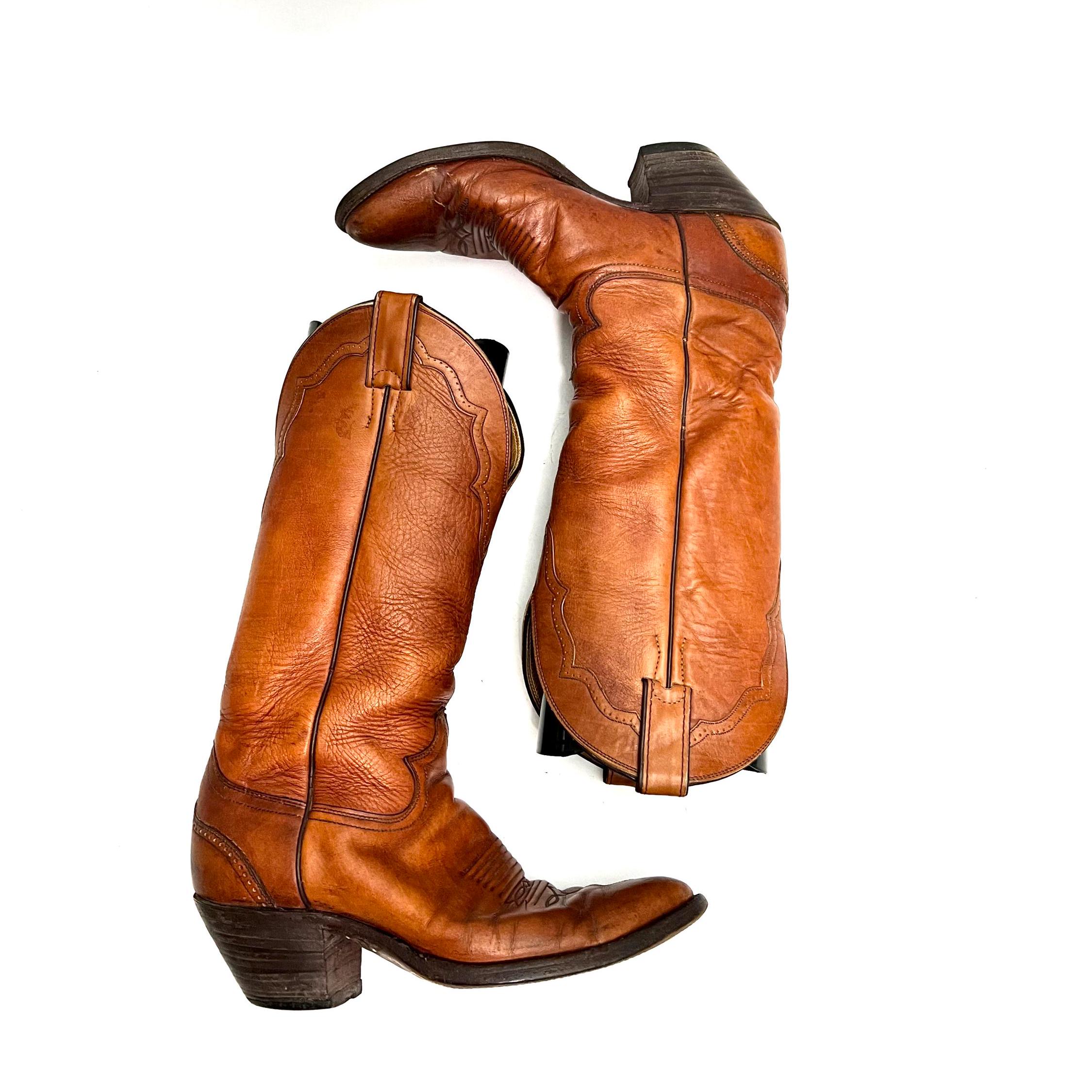 Vintage 1970s Mens Knee High Cowboy Boots // Brown Leather 