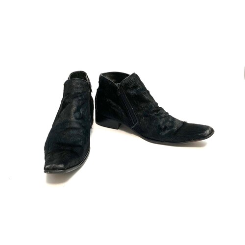 Vintage 1990s Mens Shaggy Ankle Boots shops // Black Pony Hair Leather Zip Up Square Toe Booties by Carrucci Size 10