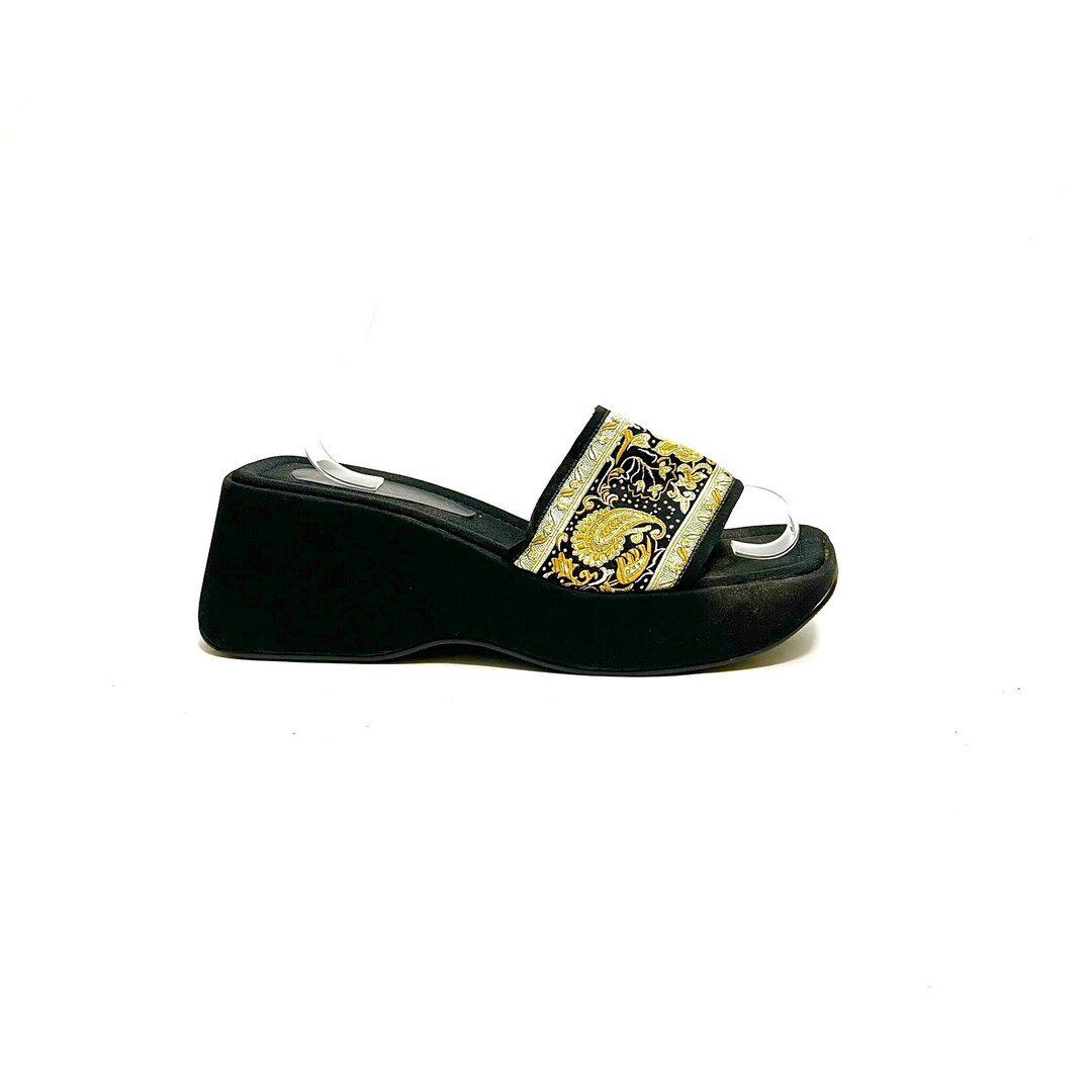 90s OLDGAP slingnag black 最安値 Vintage 1990s Platform Sandals // Black Fabric Paisley Slip