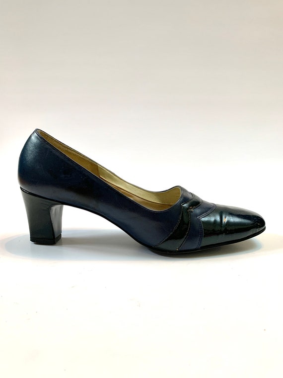 Vintage 1960s Mod Heels // Blue Square Toe Patent
