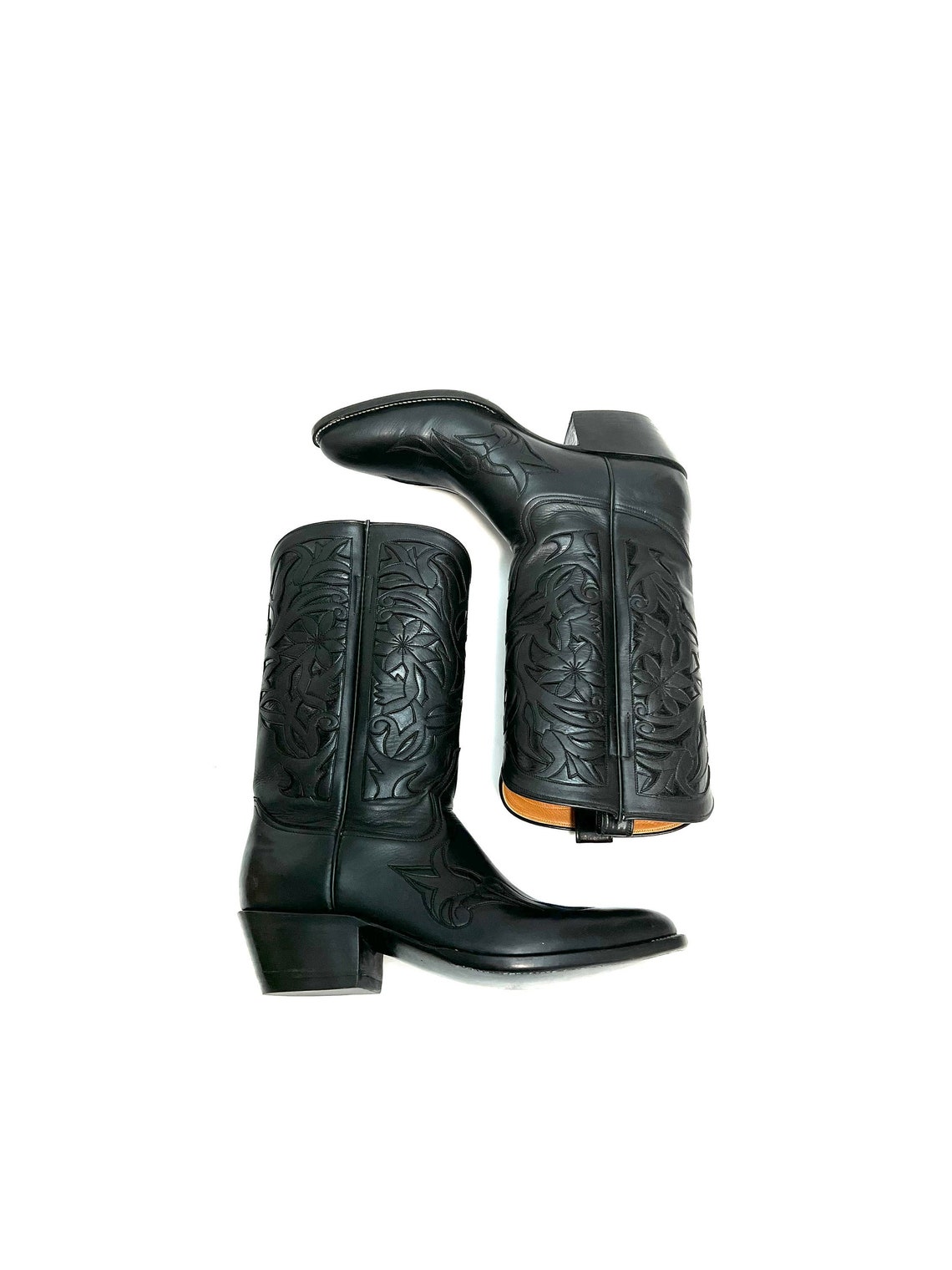 Vintage 1990s Mens Rocketbuster Cowboy Boots // Custom Handmade Bespoke Black Leather Floral Mid Calf Boots Size 9, foto 1 di 5