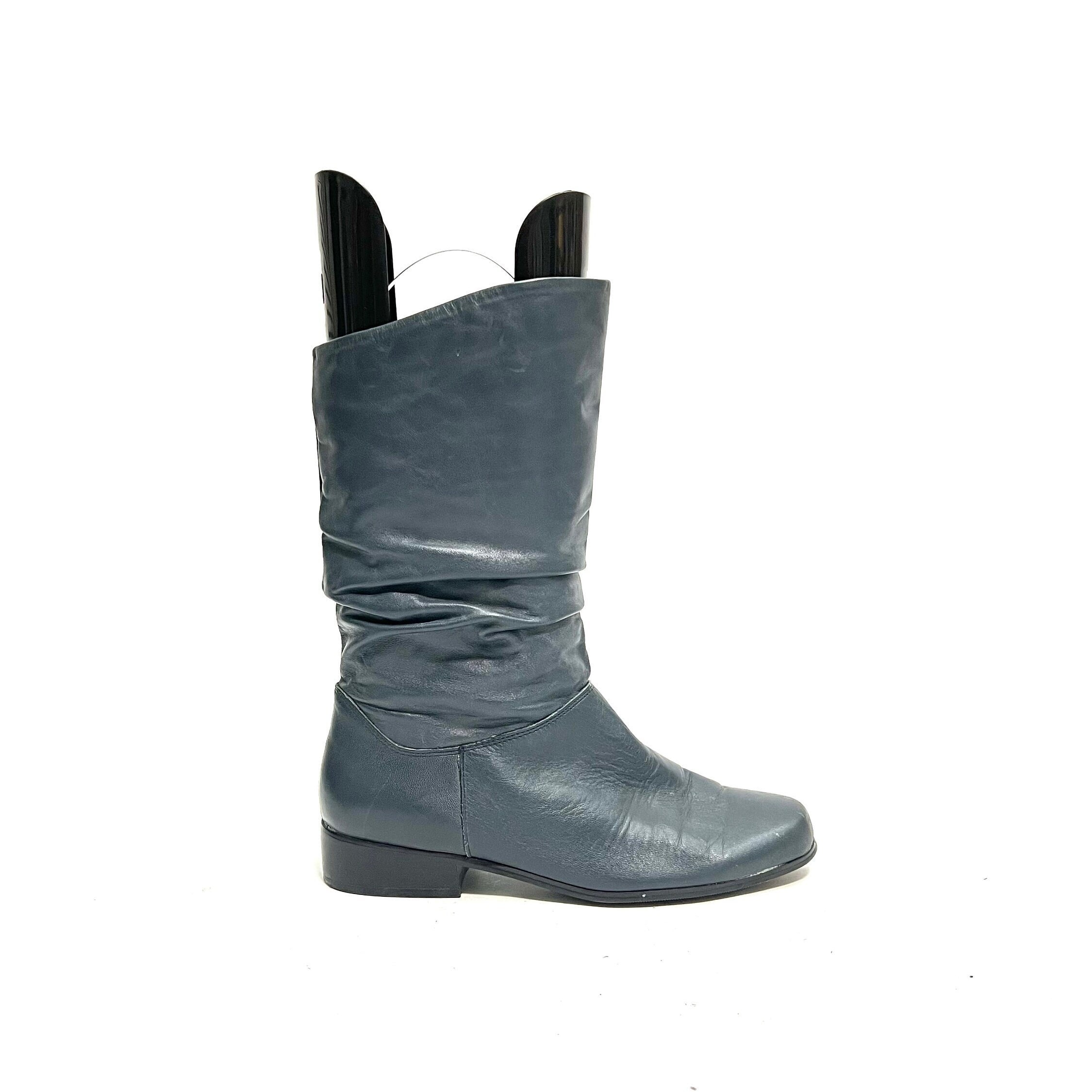 Black leather mid calf slouch boots hot sale