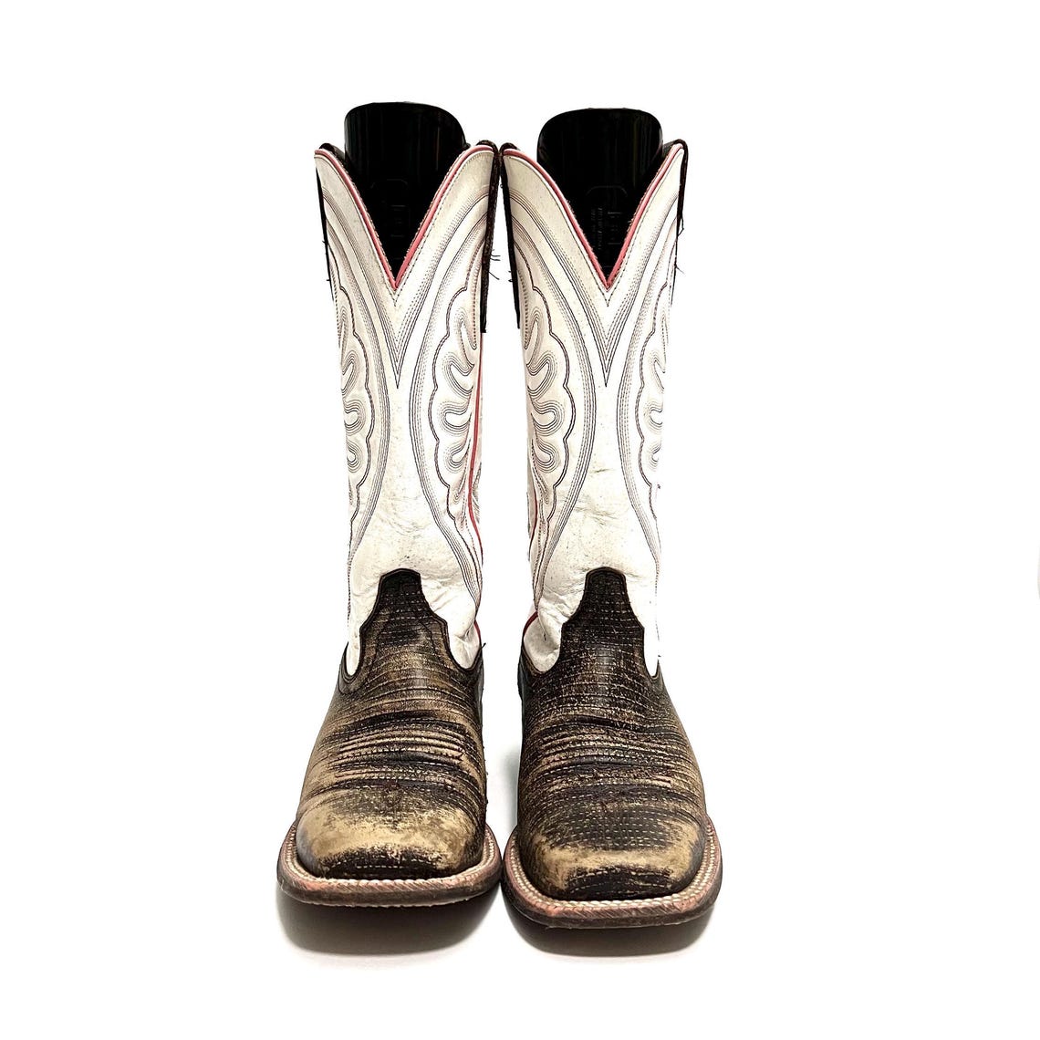 Vintage Y2K Womens Square Toe Cowboy Boots // Brown and White Leather Pink Trim Pull On Western Boots by Ariat Size 9, foto 2 di 5