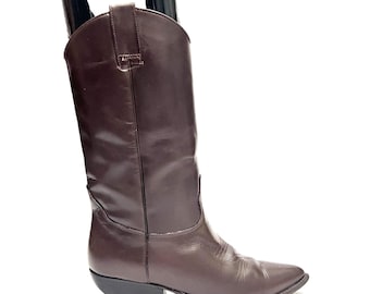 Vintage 1980s Womens Pointed Toe Boots // Chocolate Brown Leather Mid Calf Western Boots Size 8