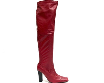 Vintage 1990s Thigh High Boots // Lipstick Red Leather Pull On Heeled Fashion Boots by Colin Stuart Size 10