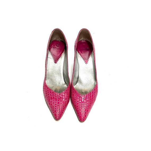 Vintage Y2K Embossed Leather Heels // Pink and Si… - image 3