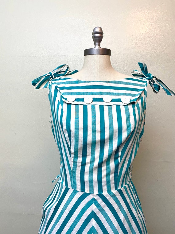 Vintage 1950s Cotton Stripe Dress // Teal and Tur… - image 3