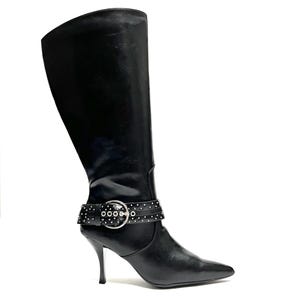 Vintage Y2K Deadstock Wide Calf Boots // Black Vegan Leather Zip Up Studded Stiletto Boots by Fioni Size 12