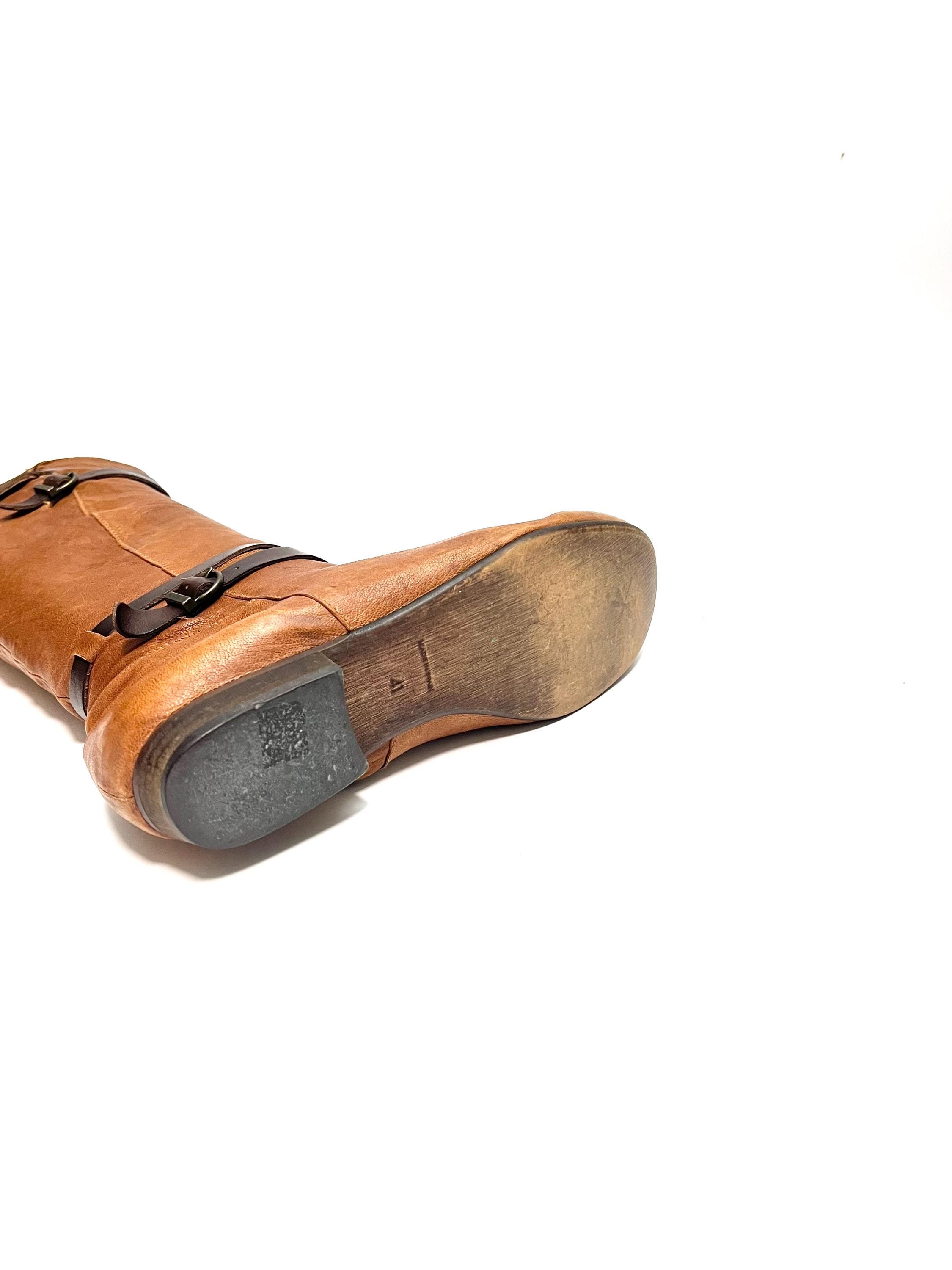Vintage Y2K Knee High Fold Over Boots // Brown Leather Buckle