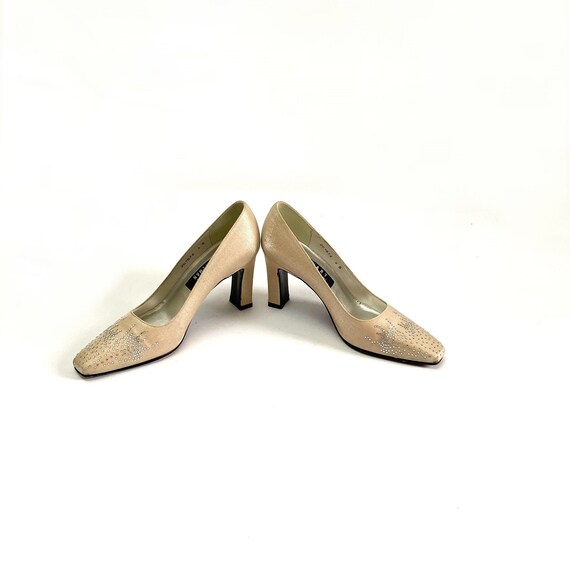 Vintage 1990s Rhinestone Heels // Ivory Silver Lu… - image 5